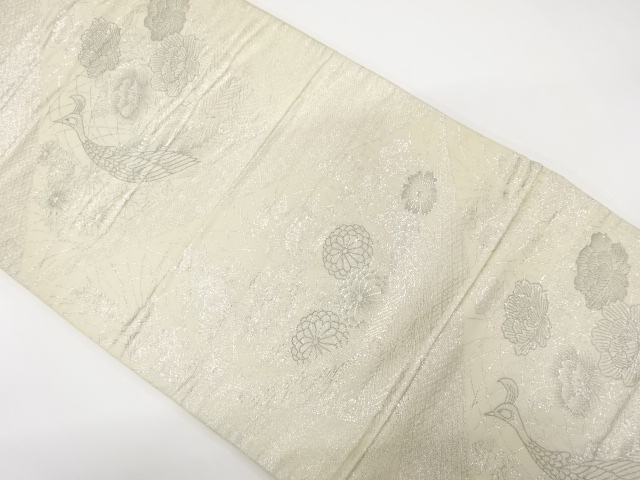 JAPANESE KIMONO / ANTIQUE FUKURO OBI / SILK / WOVEN PEACOCK & FLOWER